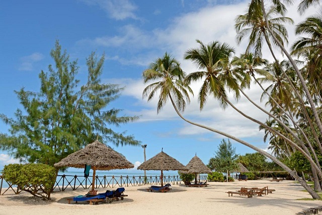Thatched sun shelters on a Zanzibar beach